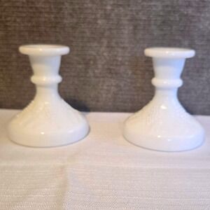 Westmoreland Milk Glass Paneled Grape Candlestick Holders Vintage Set of 2 White